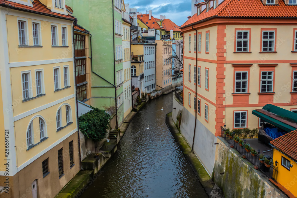 water channel with river of Certovka (Devil's Channel), also called Little Prague Venice, in district of Lesser Town (Mala Strana) Prague, Czech Republic, Europe