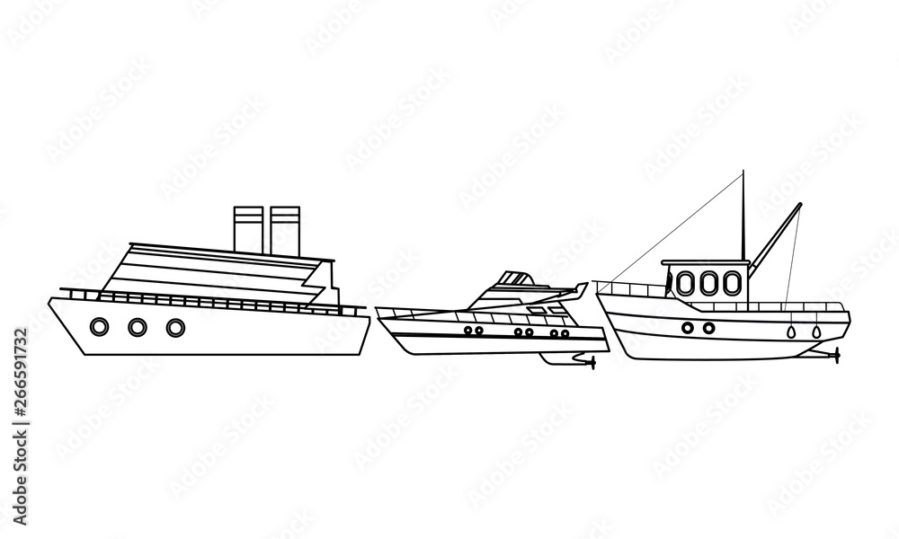 Fishing boat sea travel cruiseship and yatch black and white