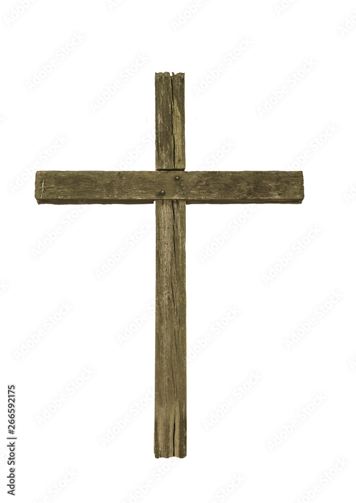 Wooden cross on a white background.