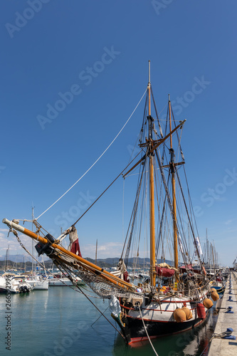 LA SPEZIA, LIGURIA/ITALY - APRIL 19 : Old sailing clipper moored in La Spezia Liguria Italy on April 19, 2019. Four unidentified people