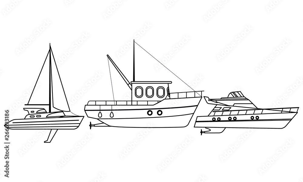 Fishing boat sea travel sailboat and yatch black and white