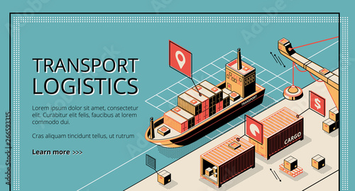 Transport logistics, ship port delivery service company landing page on retro colored background, cargo transportation, export, import over world. Isometric 3d vector illustration, line art, banner.