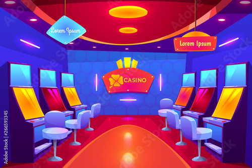 Casino interior, empty gambling house with slot machines stand in raw and illumination. Gaming industry, money business, games of chance nightlife entertainment, Las Vegas. Cartoon vector illustration