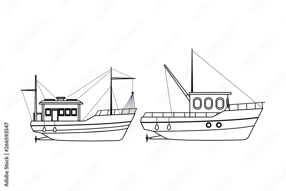 Fishing boat sea travel pair black and white Fishing boat sea travel pair black and white