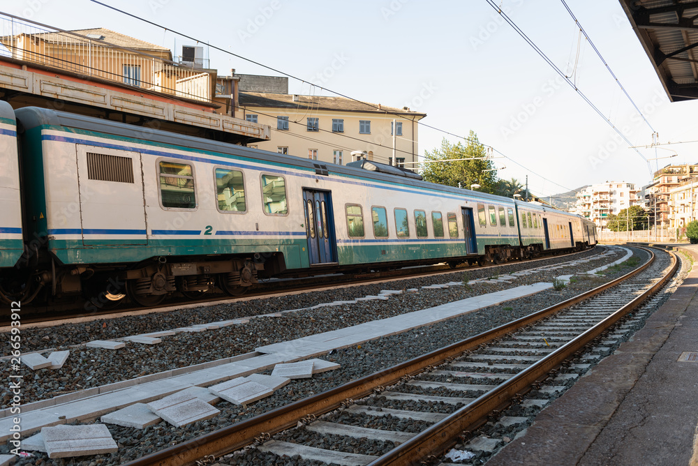 Train at station of Rapallo town