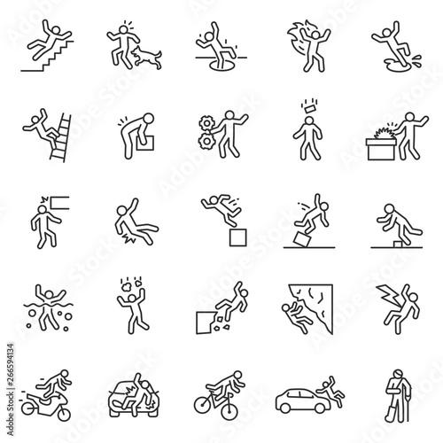 Accident, icon set. Falls, blows, car accidents, work injury, etc. People pictogram. linear icons. Line with editable stroke photo