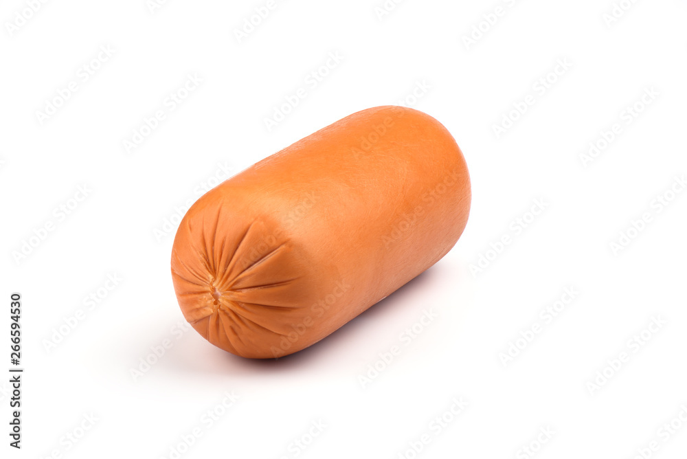 Boiled sausage isolated on a white background. Traditional Russian sausage.