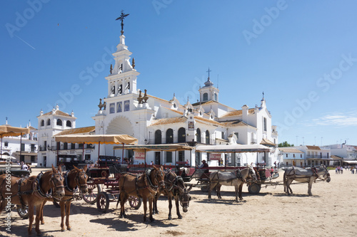 Horse carriage in front of El Rocio church. Huelva, Andalusia, Spain. photo