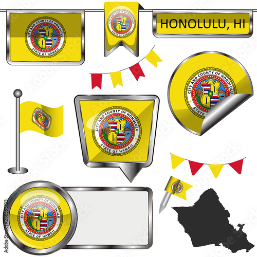 Glossy icons with flag of Honolulu, HI