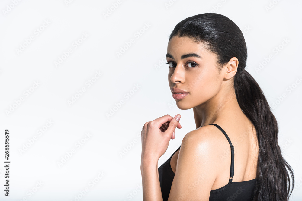 beautiful sportive african american woman looking at camera on white background beautiful sportive african american woman looking at camera on white background