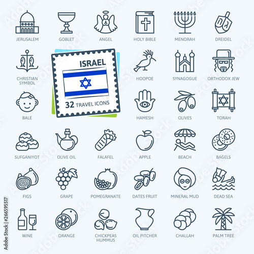 Israel - minimal thin line web icon set.  Outline icons collection. Travel series. Simple vector illustration.