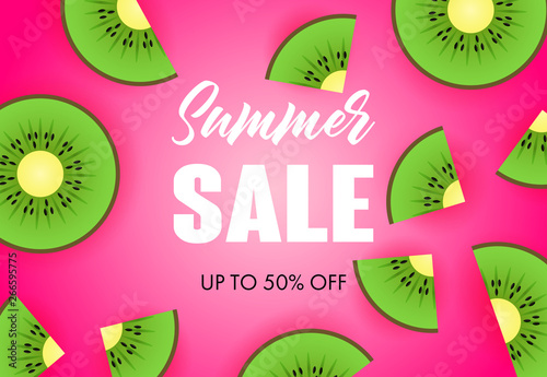 Summer sale lettering with kiwi slices. Tourism, summer offer or sale design. Handwritten and typed text, calligraphy. For leaflets, brochures, invitations, posters or banners.