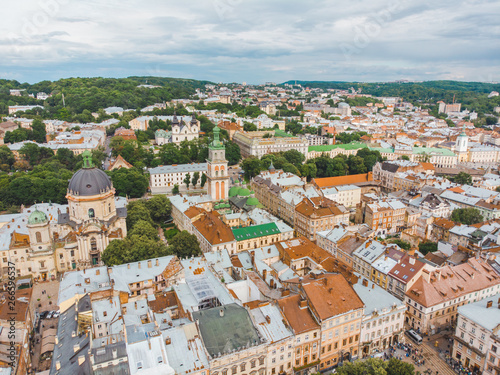 aerial view old european city with red roofs