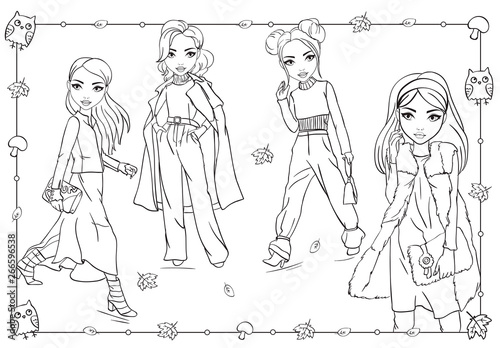 Coloring Book Of Girls In Autumn Clothes Walking
