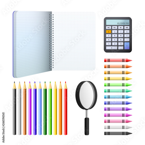 Drawing set vector illustration. Pencils, crayons, calculator, magnifying glass, notebook. Stationary concept. Vector illustration can be used for topics like education, school, leisure