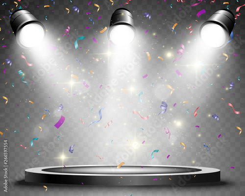 Winner background with signs of first, second and third place on a round pedestal. Vector winner podium sports symbols. 