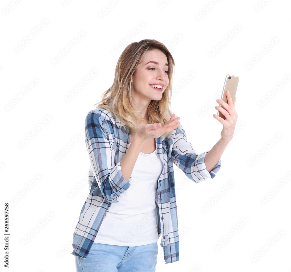 Woman using mobile phone for video chat isolated on white Woman using mobile phone for video chat isolated on white