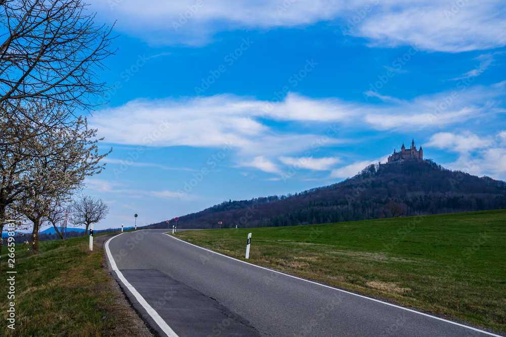 Germany, Road up to famous hohenzollern castle on a mountain in swabian jura forest