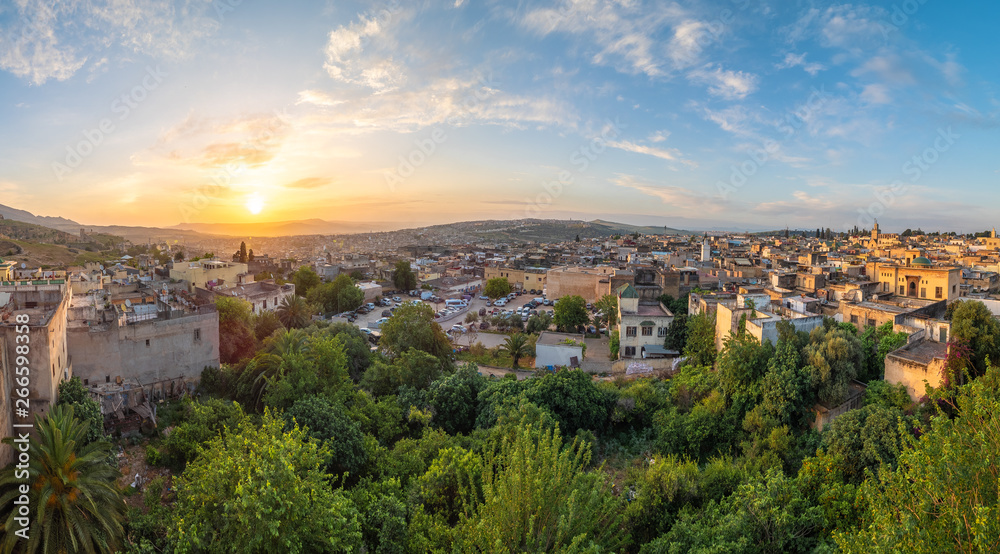 Panoramic view of Fes at sunset time, Morocco