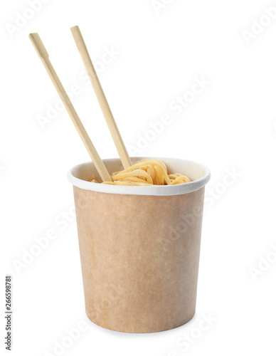 Paper cup of instant noodles and chopsticks isolated on white. Mockup for design