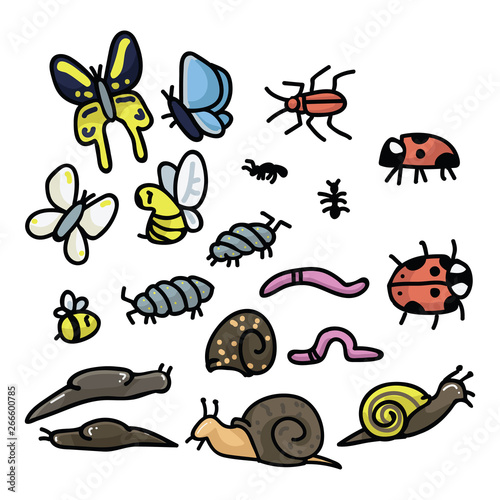 Cute cartoon garden insects vector illustration motif set. Hand drawn slug, snail, worm and bug icons. Bee, butterfly and wildlife graphics. Ladybug web buttons.