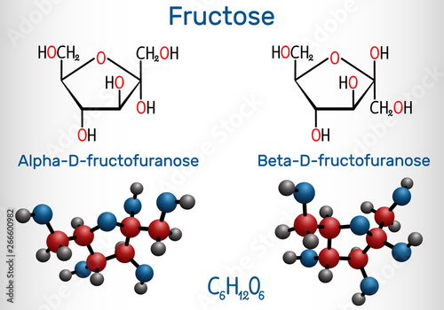 Fructose, alpha-D-fructofuranose, beta-D-fructofuranose molecule. Cyclic form. Structural chemical formula and molecule model