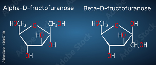Fructose, alpha-D-fructofuranose, beta-D-fructofuranose molecule. Cyclic form. Structural chemical formula on the dark blue background