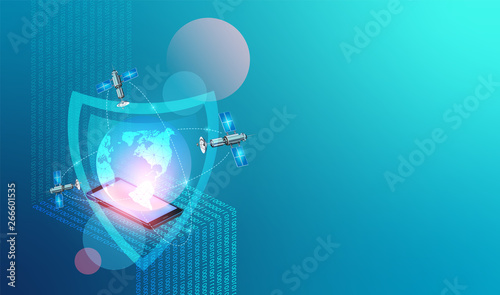 Global data protection net, internet. Vector network security technology background. Mobile digital data as digits binary code. Shield earth with satellite on blue background.