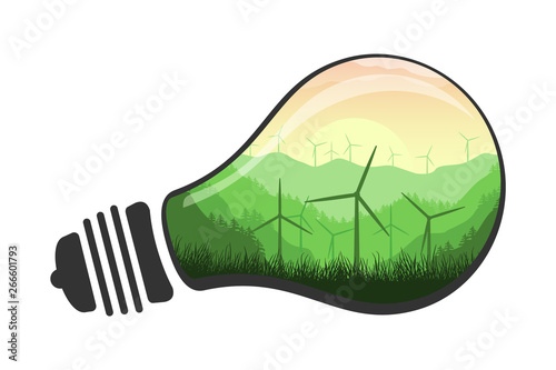 Vector clean renewable energy illustration. Eco energy concept wind turbine in a light bulb. Isolated on a white background.