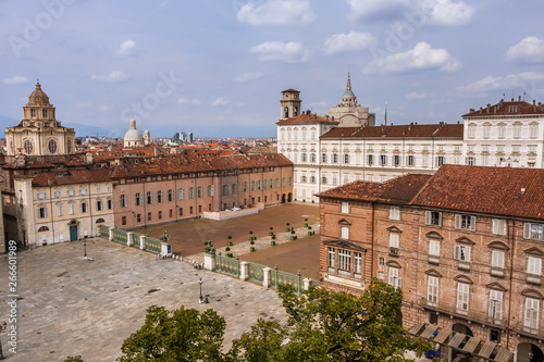 An aerial view of Piazza Castello, Royal Palace, and Royal Church of San Lorenzo from the top of Madame Palace, Turin