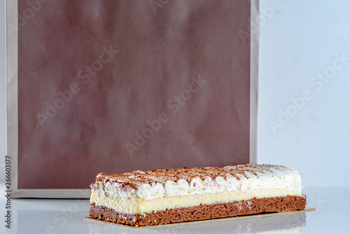Beautiful Delicious dessert cake. Paper eco package for baking and cooking Ingredient with copy space mockup for text.
