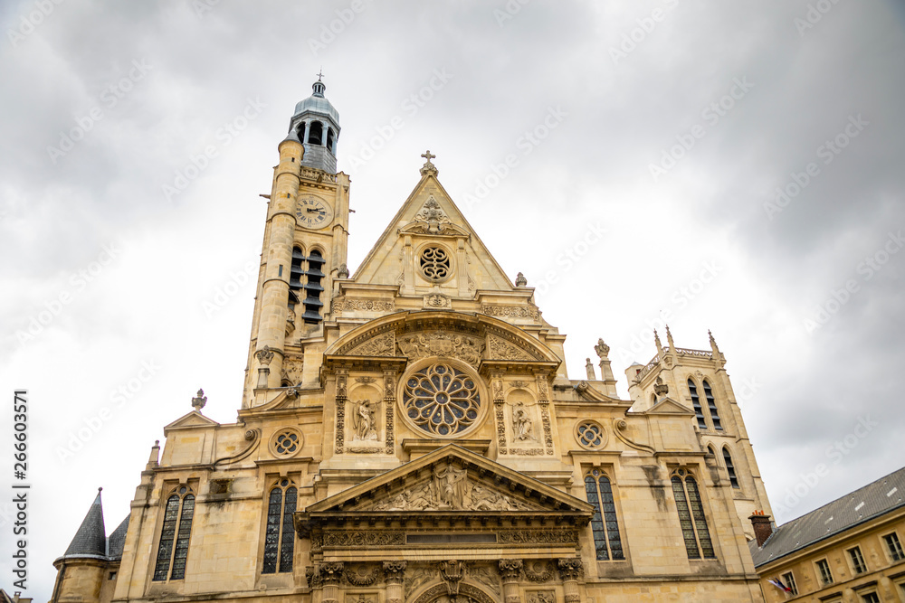 Saint Etienne du Mont Church in Latin Quarter, french gothic church in cloudy day, Paris, France