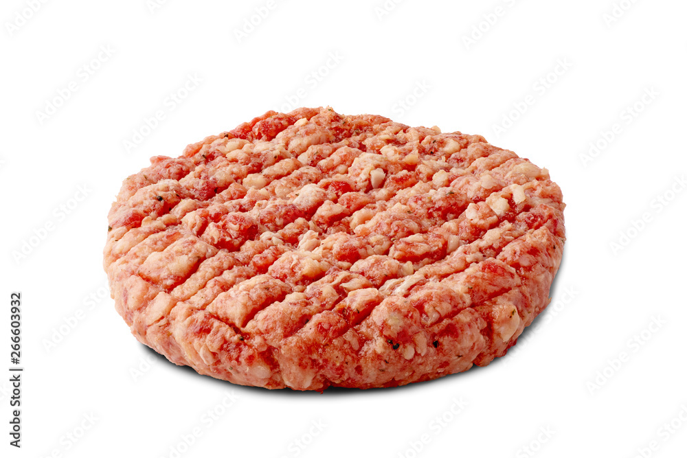 Raw beef patty for burger on white background Raw beef patty for burger on white background