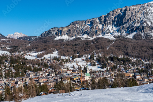 Cortina d'Ampezzo, Italy from above with mountains in the background