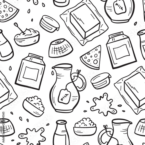 Vector Food Seamless Pattern. Hand Drawn Sketch Doodle Dairy Products Background