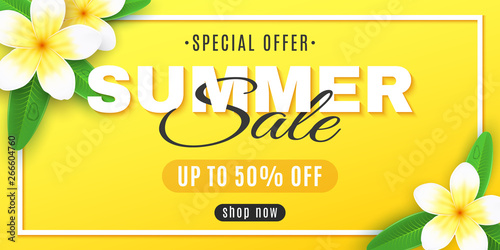 Summer sale. Cover for web. Plumeria flowers on a yellow background in frame. Special offer. Creative decor text. Realistic tropical flowers. Summer collection. Vector illustration.