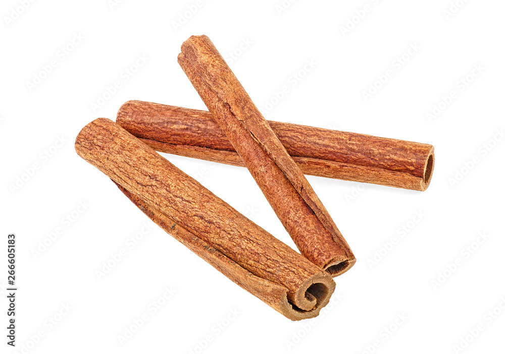 Three cinnamon sticks isolated on a white background. Full depth of field.