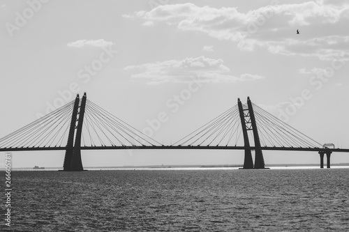 Black and white photography of modern car bridge over water.
