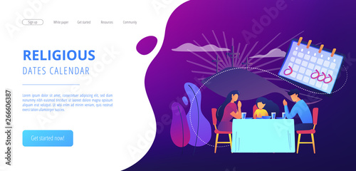 Tiny people, Christian family at table praying and celebrating Easter. Christian event, Christian holy days, religious dates calendar concept. Website vibrant violet landing web page template.