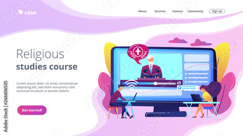Tiny people, students listening to religious lecture online. Theological lectures, online religious lectures, religious studies course concept. Website vibrant violet landing web page template.