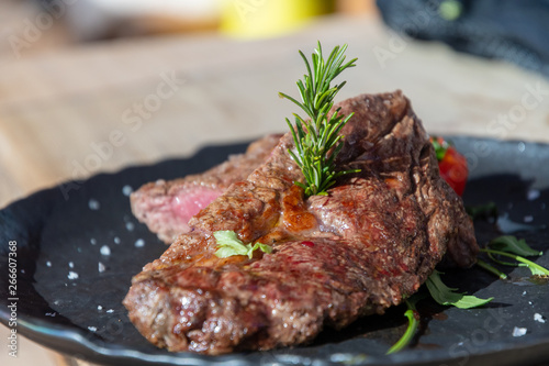 Closeup shot of steak in Val Gardena, Alps, Italy