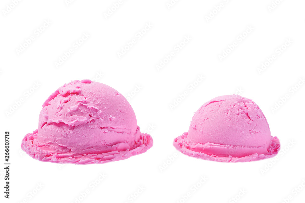big and small portion of pink ice cream isolated on white background, top view big and small portion of pink ice cream isolated on white background, top view