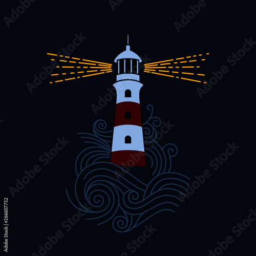 Red and white lighthouse among the waves of the sea. Vector image of a lighthouse.