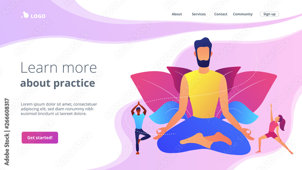 Teacher meditating in lotus pose and tiny people learning to do yoga exercises. Yoga school, open yoga studio, learn more about practice concept. Website homepage landing web page template. - obrazy, fototapety, plakaty 