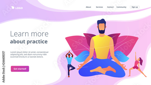 Teacher meditating in lotus pose and tiny people learning to do yoga exercises. Yoga school, open yoga studio, learn more about practice concept. Website homepage landing web page template.