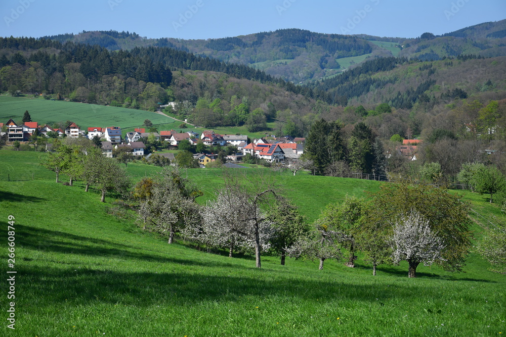 The small town Oberflockenbach in spring in the Odenwald, Germany.