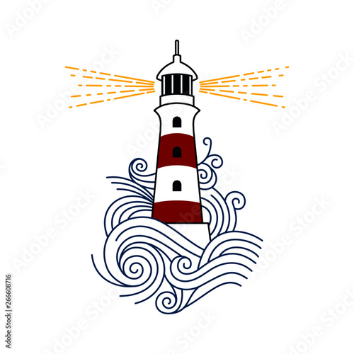 Red and white lighthouse among the waves of the sea. Vector image of a lighthouse. photo