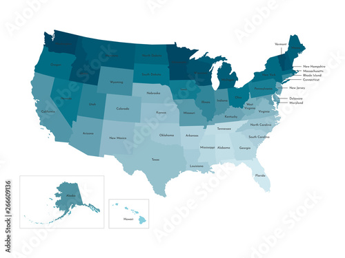 Vector isolated illustration of simplified administrative map of USA (United States of America). Borders and names of the states. Colorful blue khaki silhouettes
