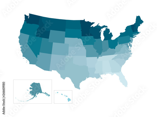 Vector isolated illustration of simplified administrative map of USA (United States of America). Borders of the states. Colorful blue khaki silhouettes