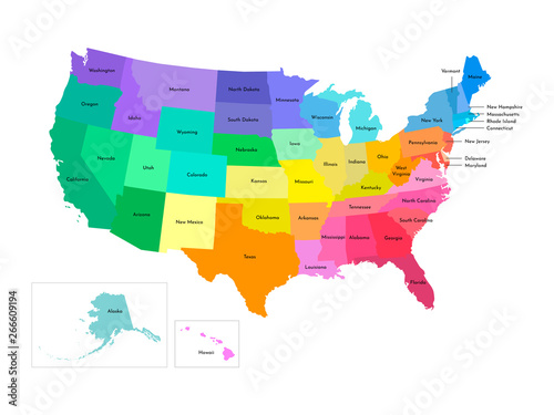 Vector isolated illustration of simplified administrative map of USA  United States of America . Borders and names of the states. Multi colored silhouettes